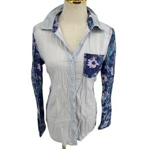 Women Blue Floral Mixed Media Shirt M Artsy Eclectic Free Spirit Spring Colorful